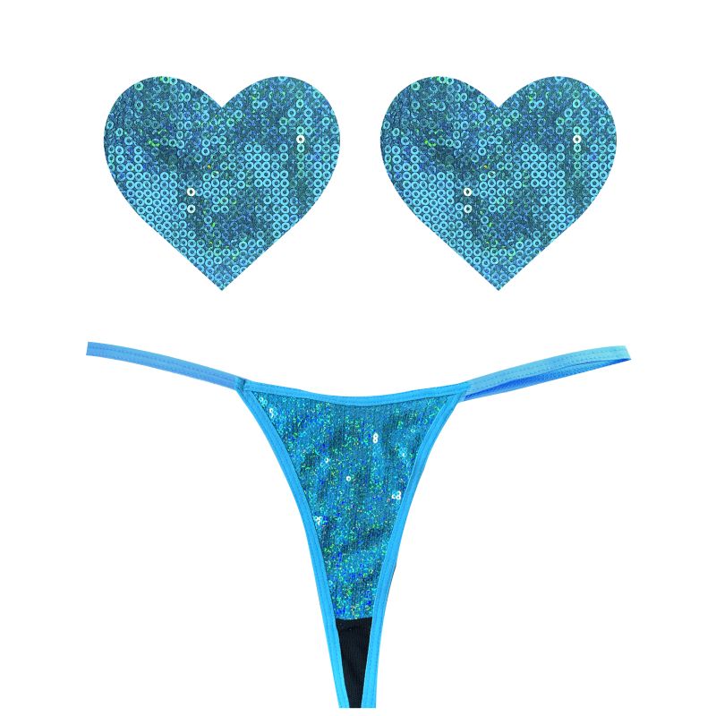 Mahi Mahi Blue Sequin G-String & Heart Pastie Set