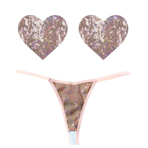 Bubbly Feels Nude Sequin Pantie & Heart Pastie Set