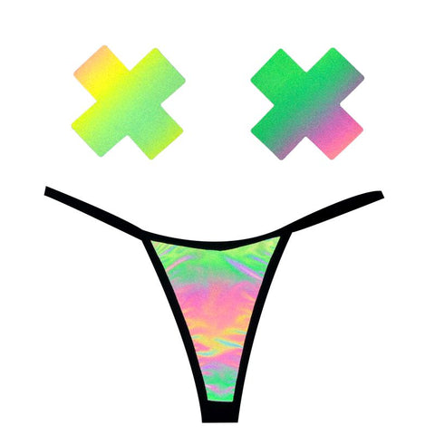 Rainbow Reflective G-String  & X Pastie Set